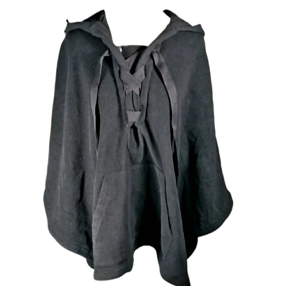 Vera Wang Wool Hooded Kangaroo Pocket Lace-up Goth Dark Academia Forest Poncho M